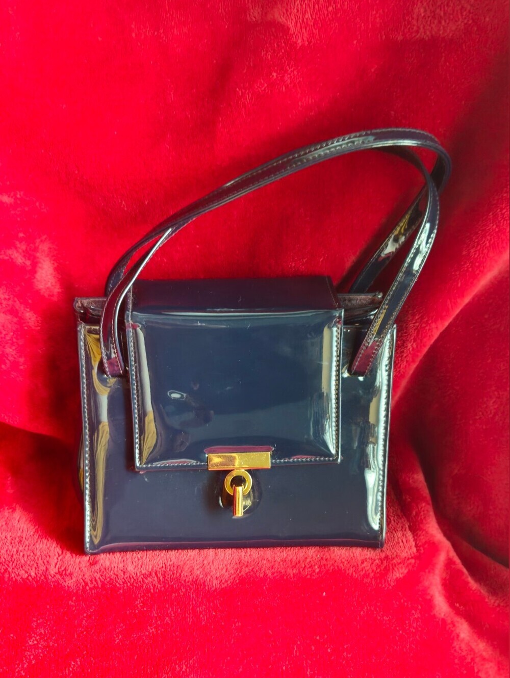 Falcon Vintage Classic Navy Patent Leather Top-Handle Bag w/Twist Lock